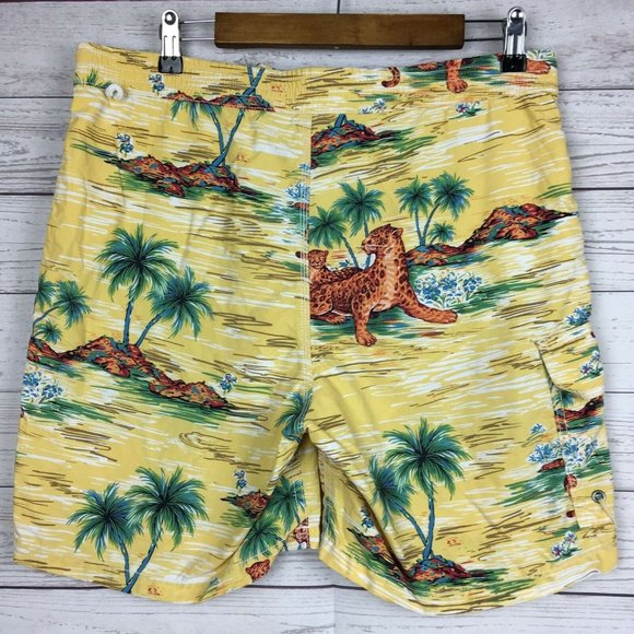 Polo Mens Small 32 to 34 Swim Trunks Shorts Yellow Beach Jaguar Mesh Liner - Picture 2 of 9